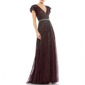 Mac Duggal Plum Sequin Embellished V-Neck Evening Gown